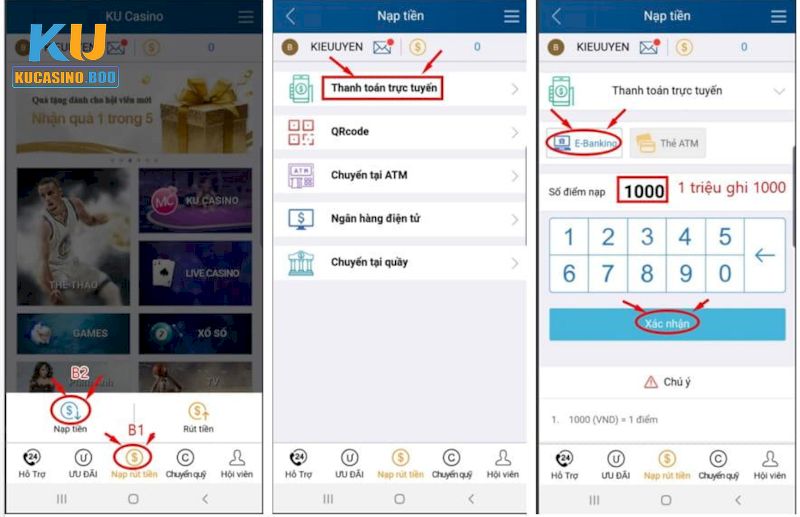 Thanh toán bằng E Banking để nạp tiền vốn vào Ku Casino